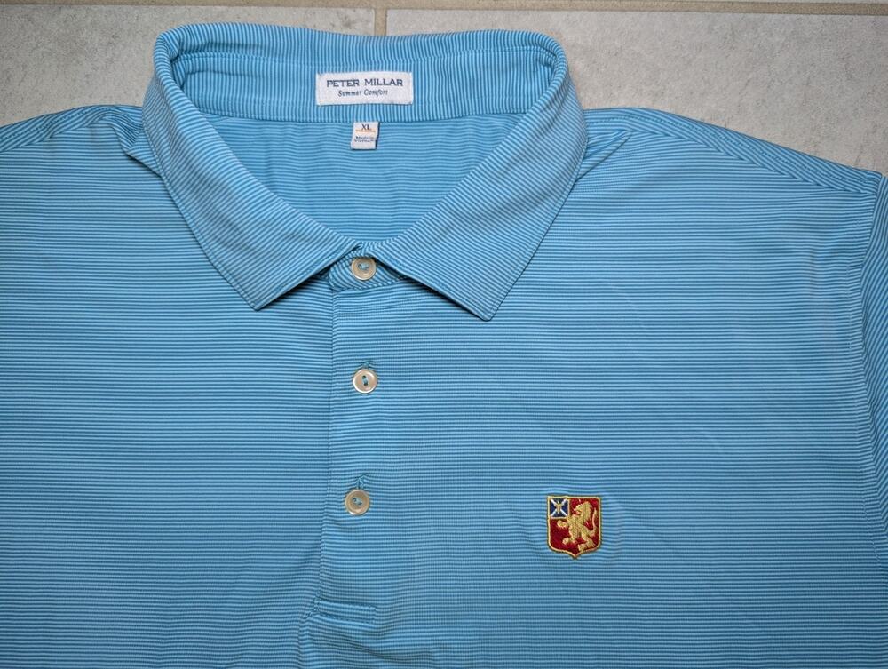 Peter Millar Men's XL Golf Polo Shirt Blue Striped Lion Crest Shield Stretch